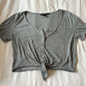 Grey Blue Tie Front Crop Top